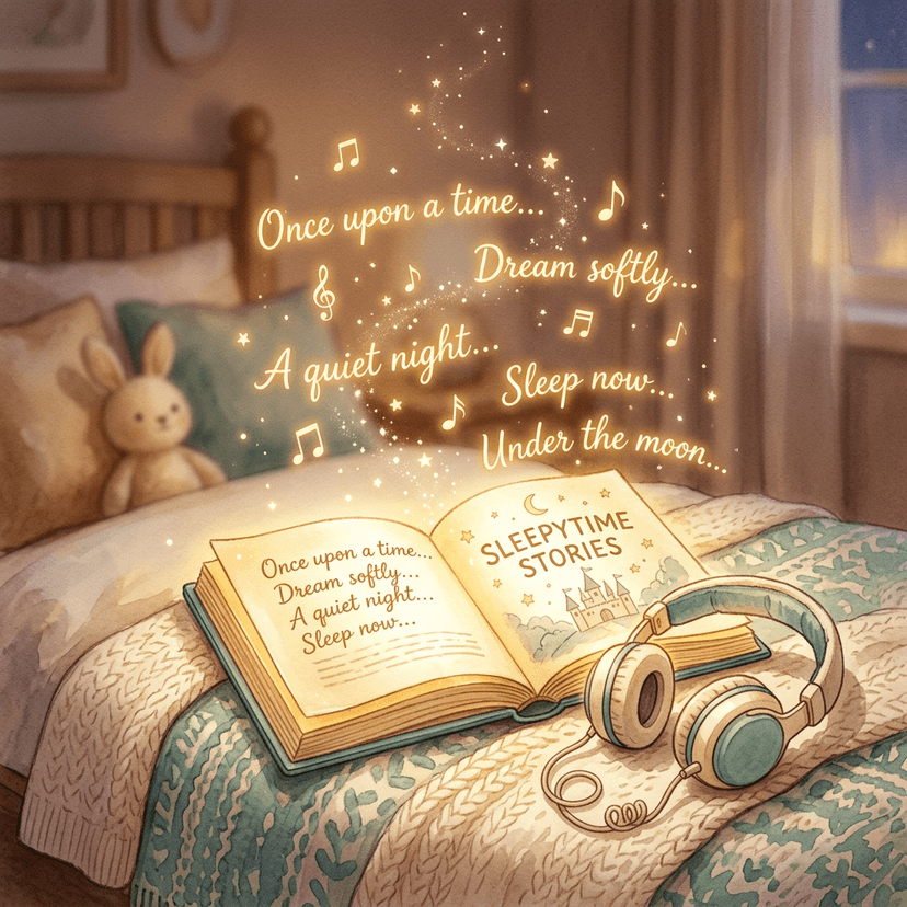 A storybook and headphones on a cozy bed with magical words floating above